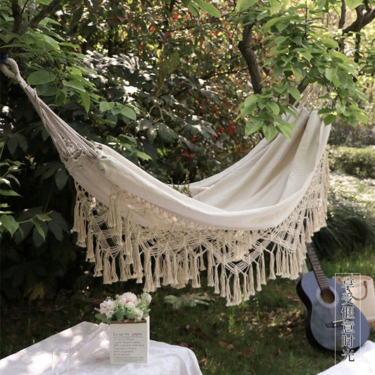 Handmade Boho Large Macrame Fringe 2 Person Double Deluxe Hammock Swing Net Chair for Beach, Yard, Bedroom, V1192-AZ-W-3116