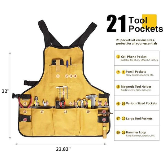 Work Tool Apron for Men and Women, Torso Length with 21 Tool Pockets, Durable Canvas Apron, DIY Enthusiasts, V1192-AZ-W-3225