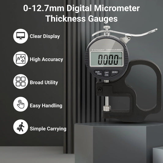Digital Thickness Gauge, Thickness Micrometer Meter, 0 to 12.7mm Digital Display Measuring Tool with LCD V1192-AZ-W-3336