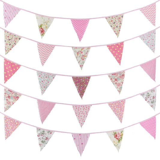 39Ft Pink Floral Fabric Bunting Banner Triangle Flag Party Decorations Hanging Cotton Rustic Vintage Flowers V1192-AZ-W-3406