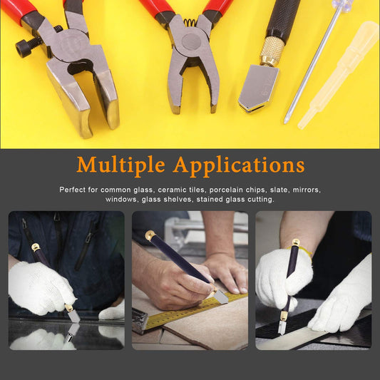 Premium Glass Running Breaking Pliers and Class Cutter Kit, Heavy Duty Glass Cutting Tool with Rubber Tip, V1192-AZ-W-3427