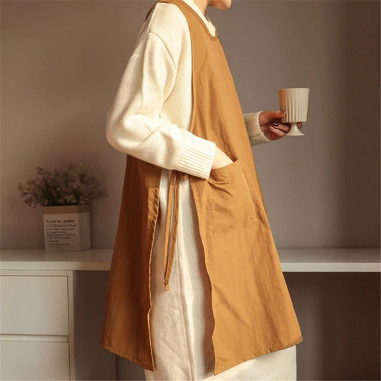Apron plus size women's split type apron with pockets, suitable for cooking, gardening, painting (tea brown) V1192-AZ-W-3465