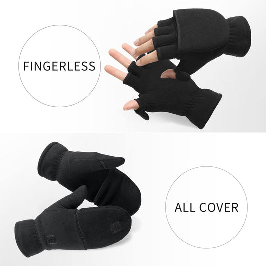 Half finger flip gloves Thermal Winter Gloves: Windproof 2 in 1 Convertible Mittens for Men & Women (Black S) V1192-AZ-W-3568
