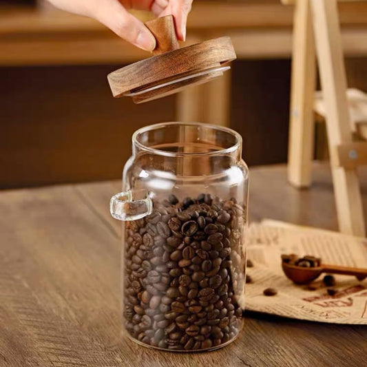 Glass Jar with Wooden Lid and Spoon, Food Storage Containers Coffee Jar Coffee Grounds Container, Glass Food V1192-AZ-W-3576
