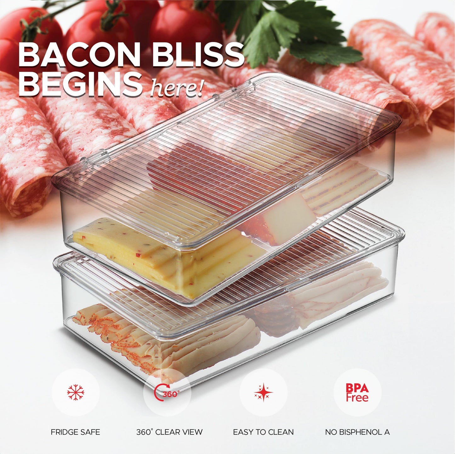 Bacon Container For Refrigerator (2 Pack) Fridge Storage Organizer | Cheese & Deli Storage Container | Bacon V1192-AZ-W-3590