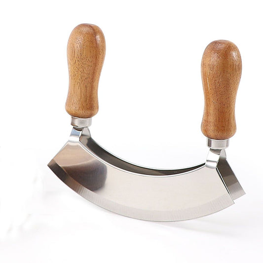 Cutting Board & Knife - Wooden Chopping Board & 2-Bladed Curved Herb Cutter - Round Wood Board & Double Blade V1192-AZ-W-3596