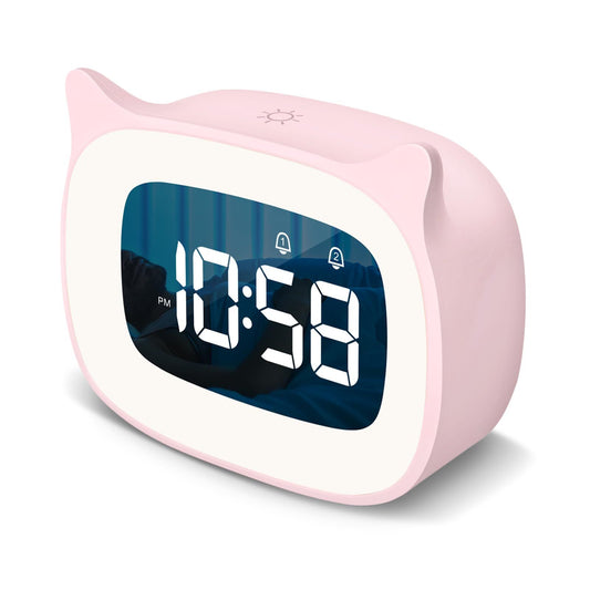 Kids Alarm Clock with Night Light & 18 Ringtones,Rechargeable,Cute Cat Ear Clock for Boys Girls Birthday V1192-AZ-W-3696