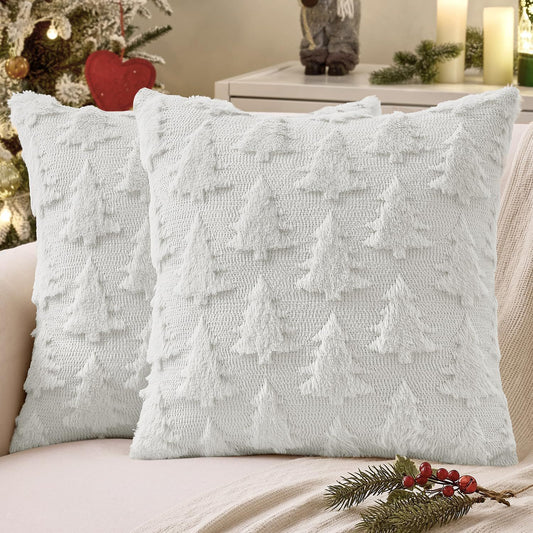 Christmas Tree Pillow Covers 18x18 inch Set of 2pcs Christmas Decoration Beige Soft Plush Faux Fur Jacquard V1192-AZ-W-3716