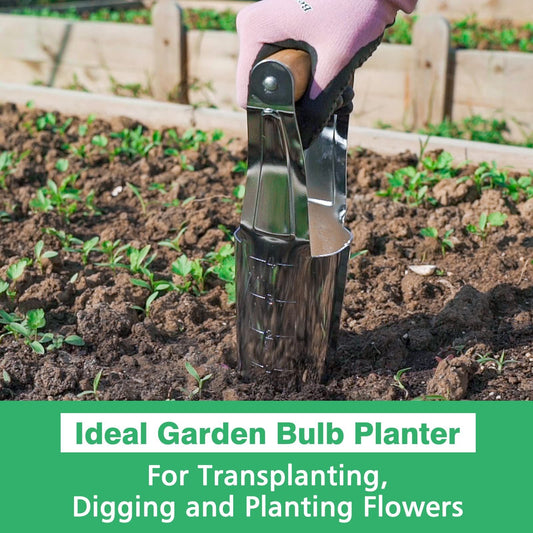 Steel Bulb Planter Tool for Planting Bulbs - High Carbon Steel & Comfortable Wood Carved Handle - Depth V1192-AZ-W-3782