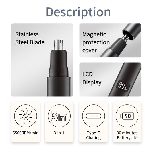 Nose and Ear Hair Trimmer for Men - Rechargeable Eyebrow Face Shaver - Nasal Hair Clippers 3 in 1 Painless V1192-AZ-W-3906