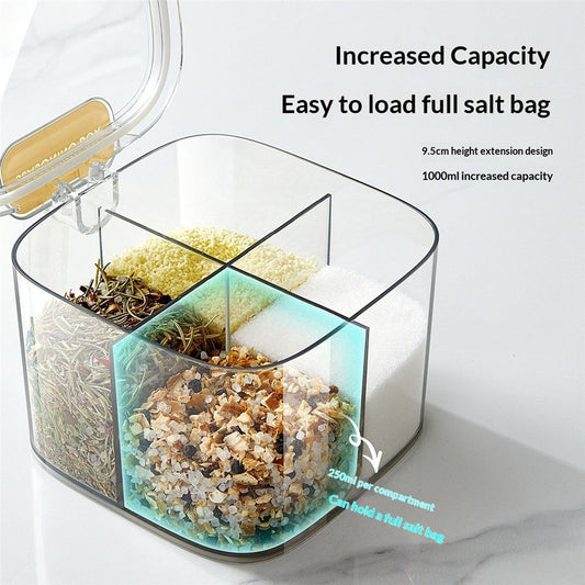 Clear Box, 4-Compartment Sealed Container Set with Lid,Plastic Kitchen Condiment Jars to Store Salt, Pepper, V1192-AZ-W-9154