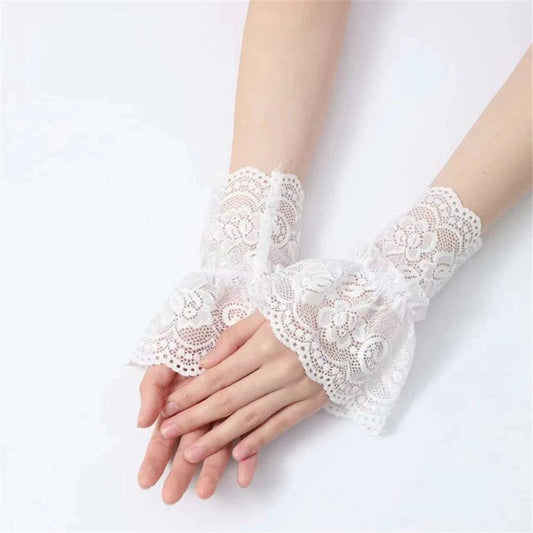 2 pairs Women's Short Lace Gloves Fingerless for Driving Wedding Wrist Length Bridal Prom Gloves(white) V1192-AZ-W-9158