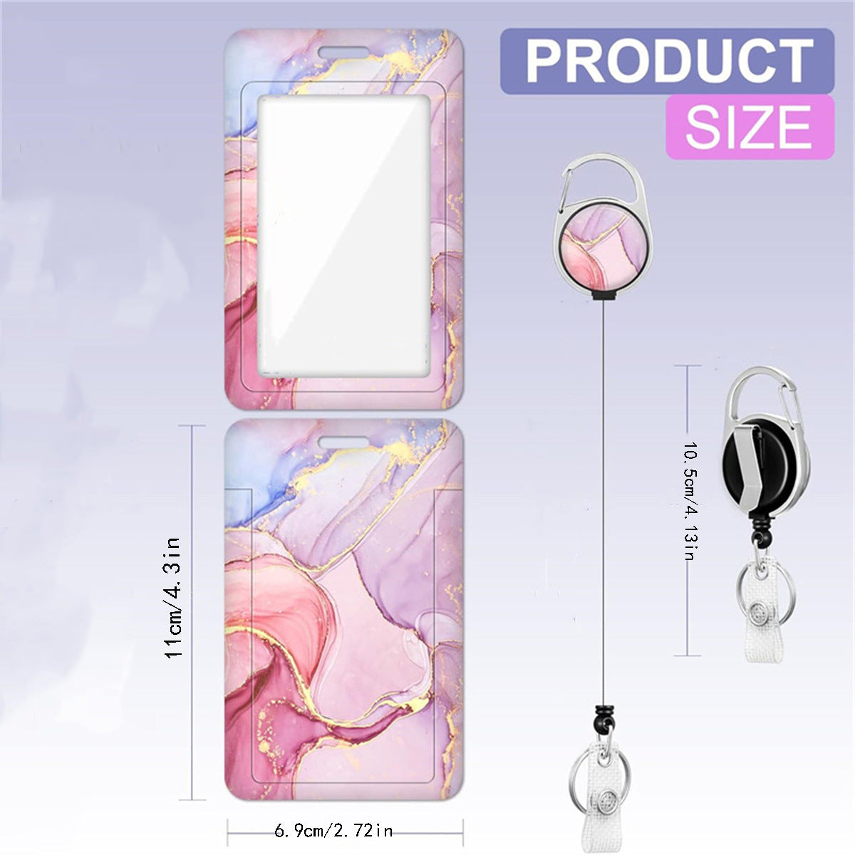 1pc card holder, pink marble-patterned tag, badge scroll, retractable easy-pull buckle, detachable lanyard V1192-DRO-0022