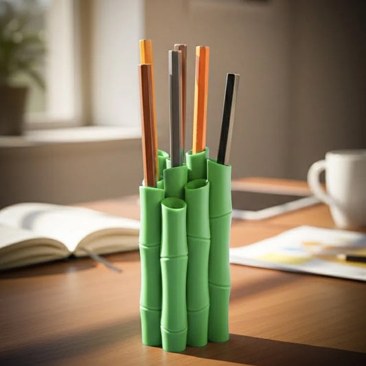A 3D-printed bamboo pen holder can hold pens, pencils, markers, or drawing tools, adding a tranquil and V1195-VYY0009