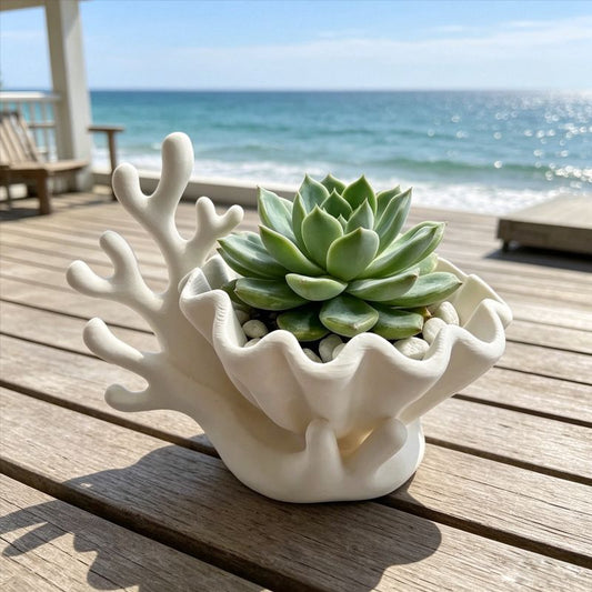 3D-printed coastal coral and clam shell succulent planter pot, white V1195-VYY0088