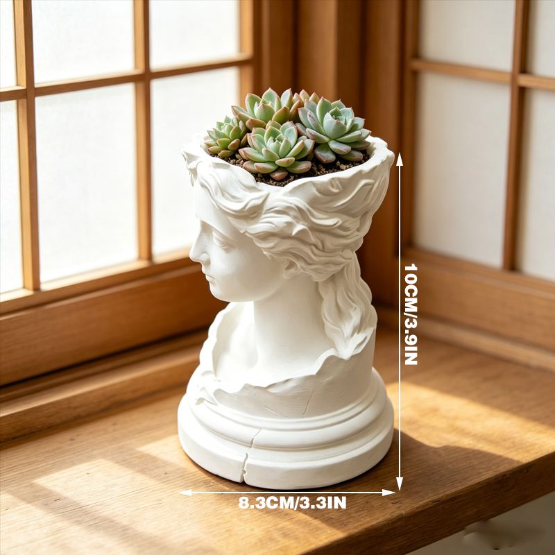 A 3D-printed, broken goddess-themed flowerpot, combining decorative and functional elements, in white. V1195-VYY0093