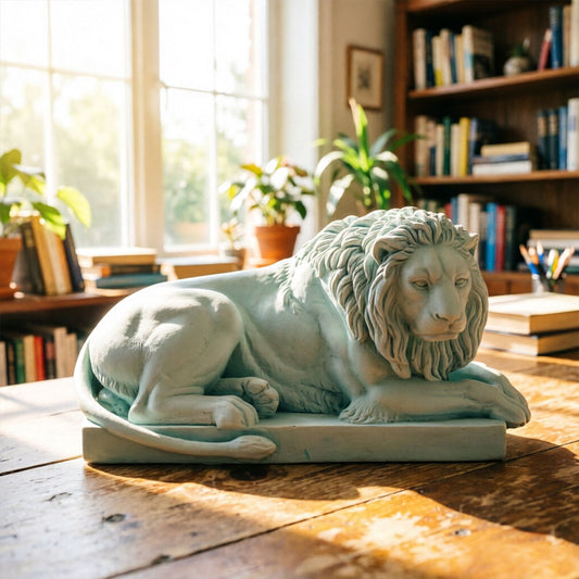 Classic Reclining Lion Sculpture Minimalist Green Plaster Desk Ornament for Living Room, Study, or Office V1199-DT-TB-SG007GR