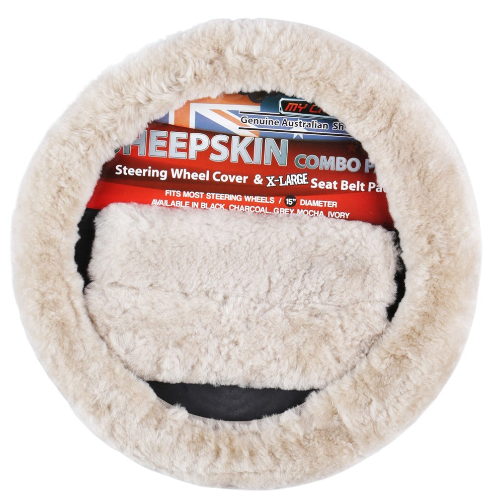 Sheepskin Steering Wheel Cover & Seat Belt Pads Combo Luxury - Mocha V121-SWCSHEECOMMOC