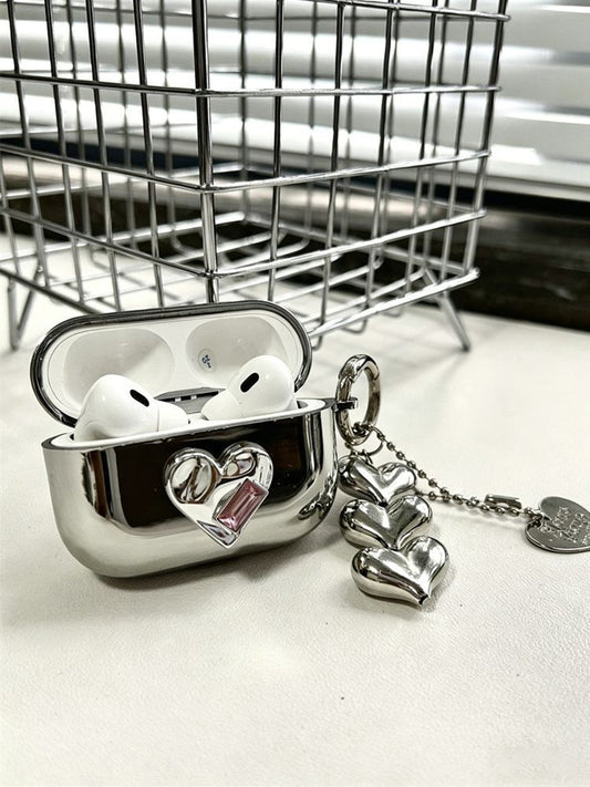 AirPods 4 Textured Silver Heart Electroplated Case + 3 Heart Charms V1221-AIRPODS-4-TEXTURED-SILVER-HEART-ELECTROPLATED-CASE-3-HEART-CHARM