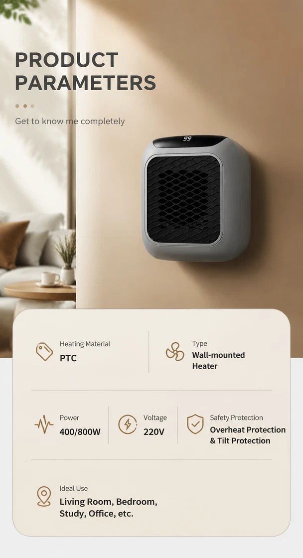 Wall Mount Mini Heater with Remote Timer Portable Electric Warmer for Home Office