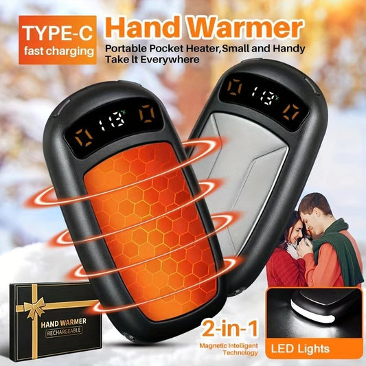 2PCS of rechargeable hand warmers with COB lights, featuring rapid heating, 3 adjustable modes, and a V1232-BXSNSQ001