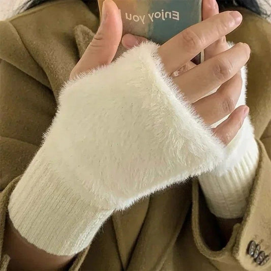 Women's Comfortable Fingerless Gloves - Soft, Warm, and Fashionable Pure White Winter Gloves, Suitable for V1232-BZST001