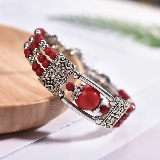 2PCS Ethnic-style Vintage Open Bracelet, Turquoise Beads with Silver Carved Accents, Bohemian Exotic Charm, a V1232-FGSL001