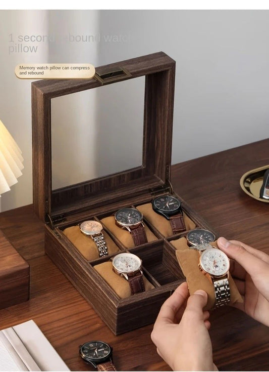 Wood Grain Faux Leather Watch Storage Box - 6-Compartment Dustproof Display Case, Soft Lined Interior, Hinged V1232-FMWSBH001