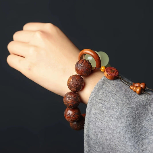 1pc Classic 12-bead 20mm Handmade Wooden Carved "Fu" Pendant Bracelet, Unisex Beaded Bracelet, Buddhist Mala V1232-FZSC001
