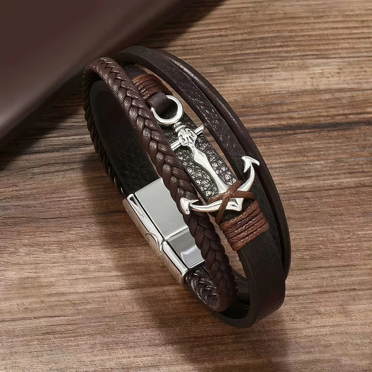 2PCS Classic Unisex Vintage Anchor Bracelet - Faux Leather with Magnetic Clasp Design, Perfect for Festival V1232-HMSL004