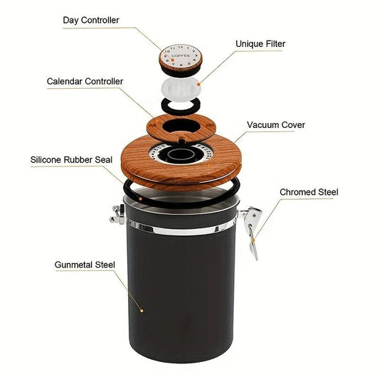 1500ml 304 Stainless Steel Coffee Canister Airtight Coffee Bean Storage Jar with Wood Grain Lid and Scoop V1232-KFCWG001