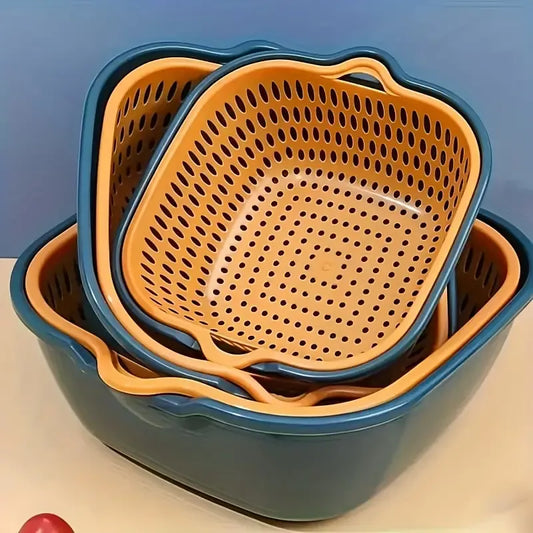 Double layer contrasting color fruit and vegetable drain basket, INS style design for both draining and storage, multiple sizes stackable, healthy PP material, a kitchen tidy and stylish good item./GREY WHITE