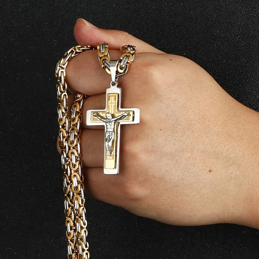 Trendy Gold-Plated Cross Men's Pendant, paired with a Cuban chain-a bold, personal expression of V1232-NSBXGDZ003