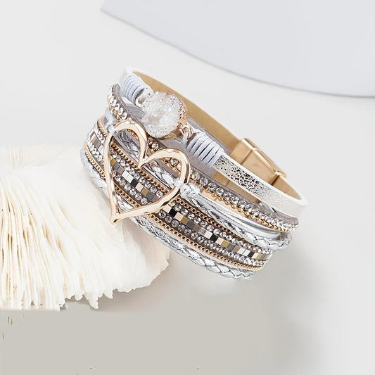 Bohemian Braided Leather Bracelet, Multi-layer Design with Metal and Crystal Accents, Rose Gold Square Clasp V1232-PXMYSL001