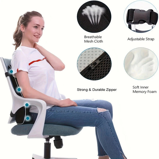 1 Lumbar Support Pillow for Lower Back and Posture - Memory Foam Cushion with Adjustable Strap, Breathable V1232-YBZCZT001