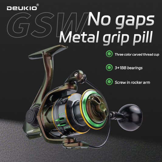 DEUKIO GSW Spinning Reel, Anti-Slip Metal Spool, 3+1 Bearings Zero-Gap, Waterproof Rustproof, Long Cast for V1232-YDSL001
