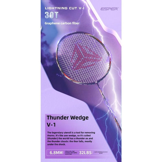 ESPER V-1 Thunder Wedge 5U Ultra-Light Badminton Racket, 30T Graphene Carbon Fiber, 6.8mm Slim Shaft, V1232-YMQPV1003