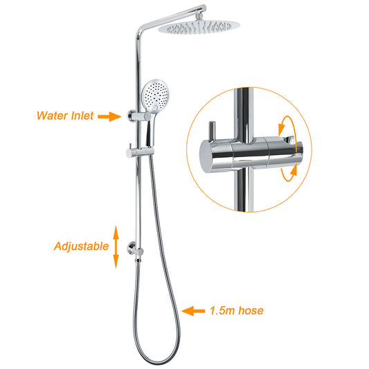250mm Rain Shower Head Round Handheld Sliding Rail Diverter Arm 2in1 Set Chrome V1233-C4902B22HR003M4CKSR110