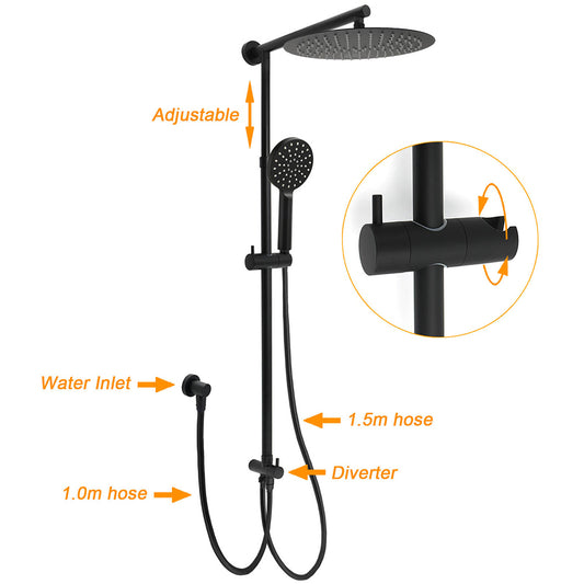 WELS Matt Black Dual 12" Round Shower Head Set Handheld Rail Wall Arm Elbow Inlet Twin Taps V1233-HR002M4CBSC842BKSR112BCPF0282ABK