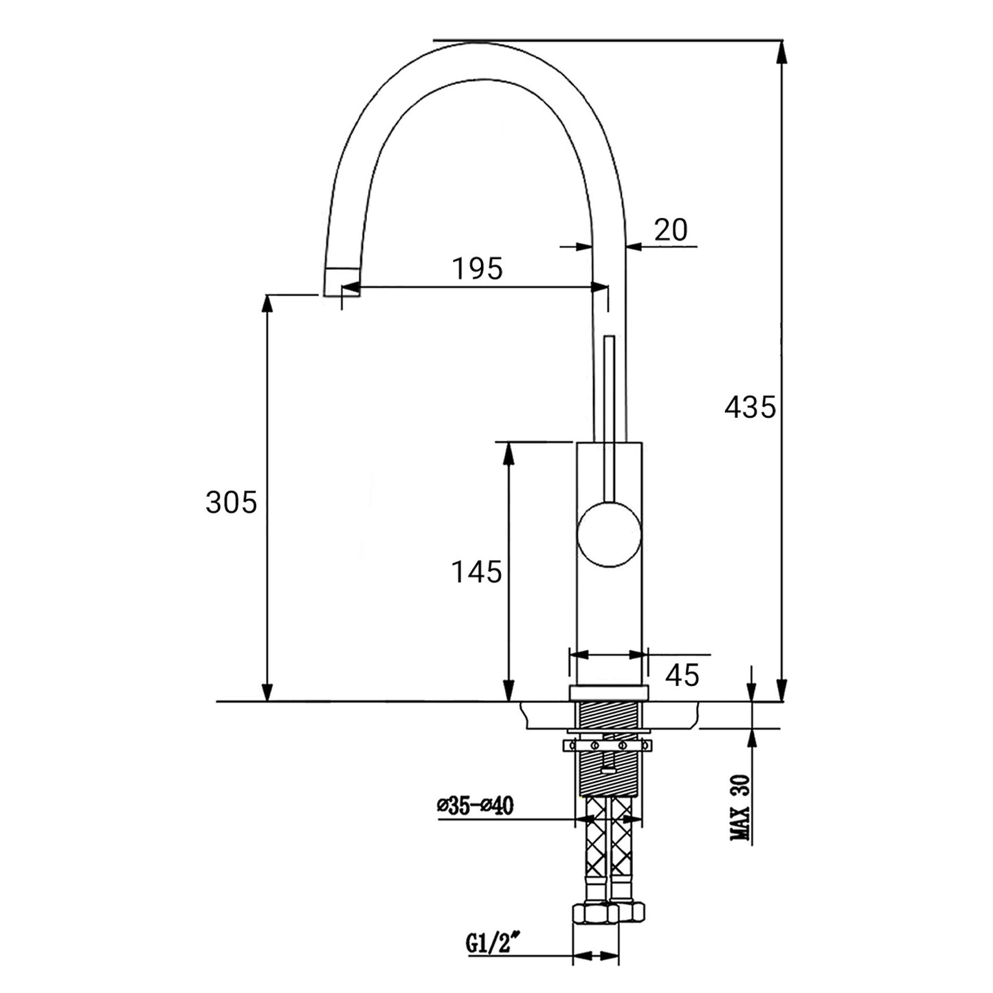 Brushed Nickel 435mm Tall Slim Round Kitchen Laundry Sink Mixer Faucet Tap Spout V1233-KPL501N