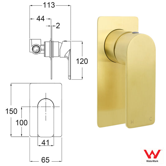 Rectangle Brushed Gold Shower Mixer Hot Cold Tapware Ceramic Cartridge Component V1233-KRS201G