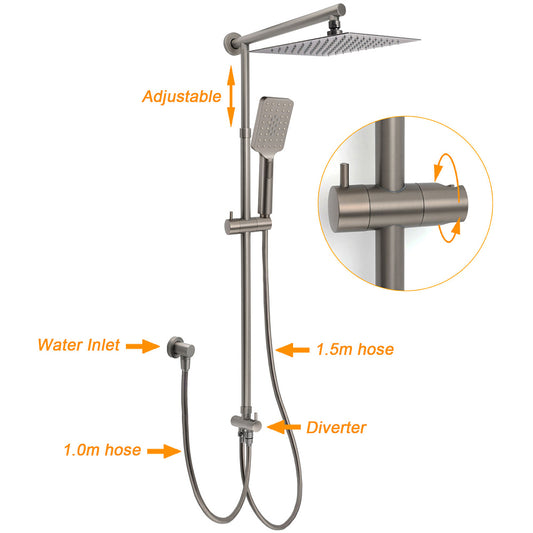 WELS Gun Metal 2in1 Shower Set Square 12" Rainfall Head Handheld Adjustable Silde Rail Combo V1233-SC842GMHS002M4CGMKSS112GM
