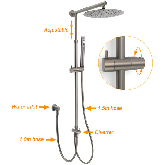 WELS Gun Metal Double Round Shower 10" Rain Head Metal Handheld Sliding Rail Mixer Valve Set V1233-SC842GMSS019CGMKSR110GMKRD201GM
