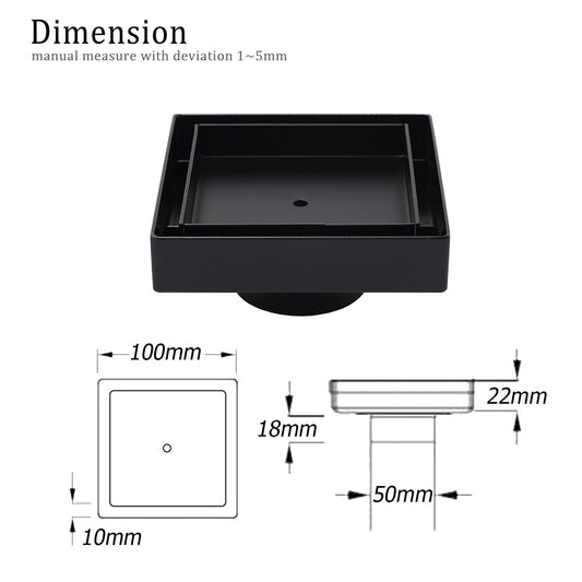 WaterMark Matt Black 100x100mm Square Tile Insert Shower Grate Floor Drain 50mm Waste V1233-SQTI0100D50P