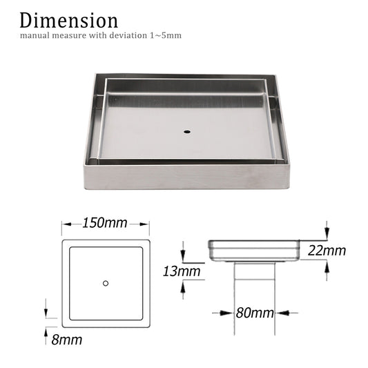 Square 150x150mm Tile Insert Floor Drain 80mm Waste Stainless Steel Shower Grate V1233-SQTI0150D80BS