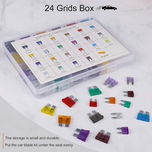 Car Fuse Auto Mini Fuses Assorted Kit 2A 3A 5A 7.5A 10A 15A 20A 25A 30A 35A 40A with Clip Storage Box 242 V1237-ZY-203-3501