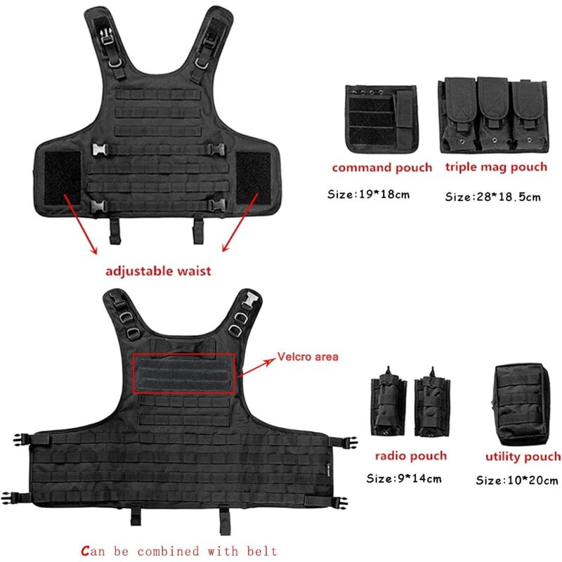 Tactical Vest, Adjustable Plate Carrier for Army, Police, Black V1237-ZY-203-4479