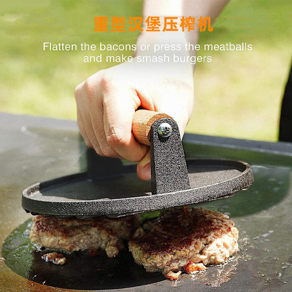 Pre-Seasoned Cast Iron Hamburger Press, Heavy Duty Hamburger Crusher for Griddle with Heat Resistant Handle V1237-ZY-203-5243