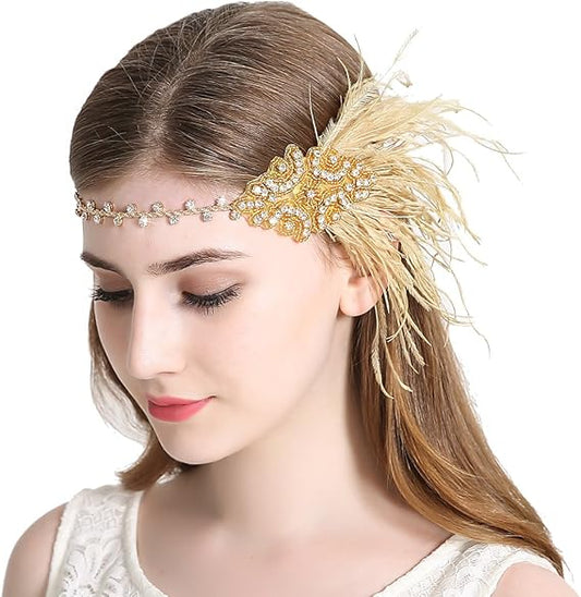 Vintage Flapper Headband 1920s Art Deco Sparkly Hairband Gatsby Feather Headpiece_yux V1237-ZY-203-5439