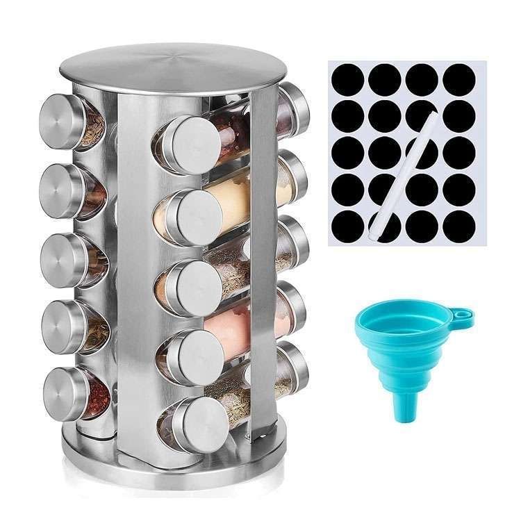 20 Glass Jars with Labels, Transparent, Rotating Spice Tower V1237-ZY-506-0001